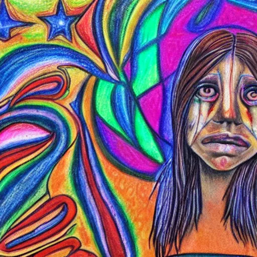 Prompt: school photo of a la llorona, psychedelic color pencil galactic drawing background