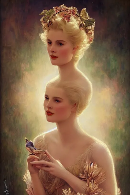 Image similar to A young and extremely beautiful Grace Kelly explaining the birds and the bees by Tom Bagshaw in the style of a modern Gaston Bussière, art nouveau, art deco, surrealism. Extremely lush detail. Perfect composition and lighting. Profoundly surreal. Sultry look on her face.