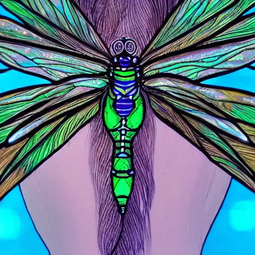 Image similar to brown woman wearing a shiny dragonfly armor. dragon fly wings for hair. green, blue, and purple sheen. intricate. super detailed. layered. textured. award winning. dispersion of light. refracted lighting. soft. fragile.