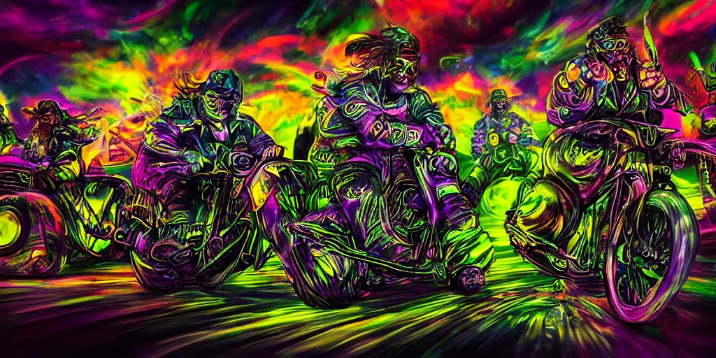 Image similar to psychedelic colorful blacklight airbrush artwork, motorcycles, stylized action shot of orc bikers riding motorcycles, menacing orcs, drifting, skidding, wheelie, clear focused details, soft airbrushed artwork, black background, cgsociety, artstation