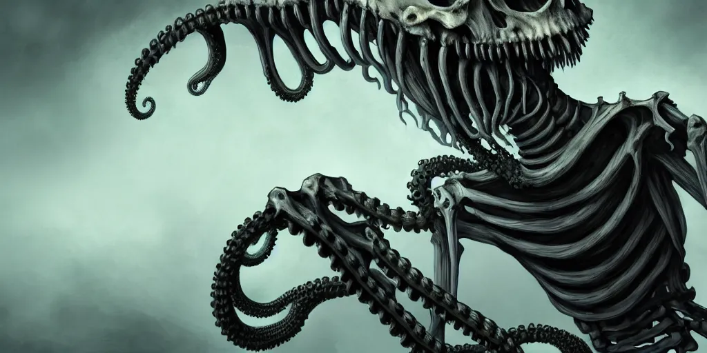 Prompt: a human skeleton slowly transforming into a tentacle monster, matte oil painting, concept art, dnd, clear, crisp, sharp, bones, eldritch, award - winning, extremely detailed, 4 k, 8 k