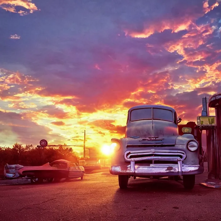 Image similar to a sunset light landscape with historical route 6 6, lots of sparkling details and sun ray ’ s, blinding backlight, smoke, volumetric lighting, colorful, octane, 3 5 mm, abandoned gas station, old rusty pickup - truck, beautiful epic colored reflections, very colorful heavenly, softlight