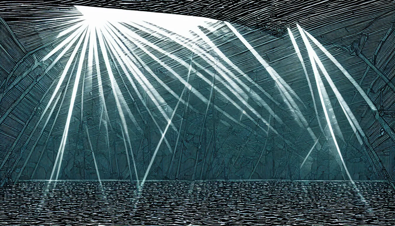 Image similar to underwater crystal clear light rays by dan mumford and peter doig and edward hopper, symmetrical, minimal, black ink, thick lines highly detailed, muted colours 8 k