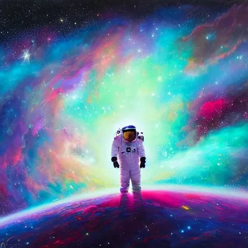 Prompt: astronaut standing infront of a nebula, illustration painting, oil on canvas, intricate, portrait, detailed illustration, hd, digital art, overdetailed art, concept art, complementing colors, detailed, illustration painting by alex gray, digital art, overdetailed art, concept art, complementing colors rendered by beeple, syd meade