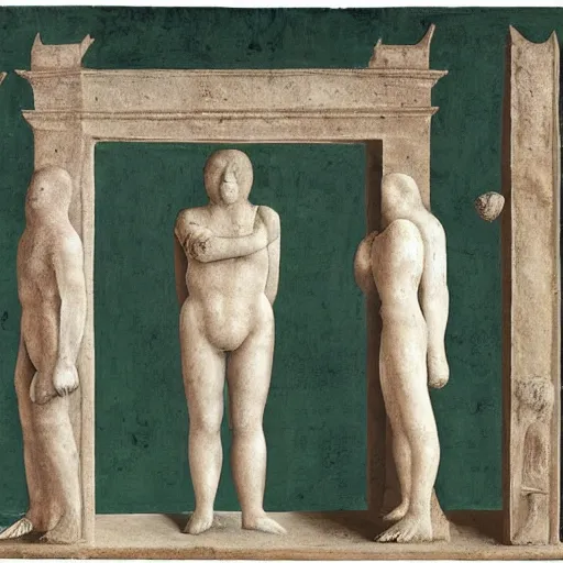 Prompt: evocative play doh, mesoamerican by piero della francesca. in the center of the sculpture is a large gateway that seems to lead into abyss of darkness. on either side of the gateway are two figures, one a demon - like creature, the other a skeletal figure.