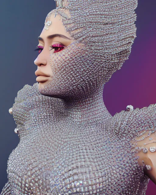 Image similar to a highly detailed metahuman 8 k close up render of kylie jenner renaissance in iris van herpen dress schiaparelli in diamonds crystals swarovski and jewelry iridescent in style of alphonse mucha gustav klimt trending on artstation made in unreal engine 4