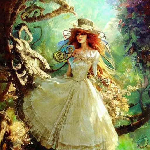 Prompt: alice in wonderland, intricate detail, painting, royo, frazetta, whealan,