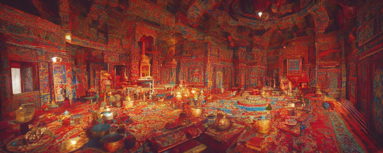 Image similar to an interior of an ancient tibetan temple adorned with intricate spaghetti designs, canon 5 0 mm, cinematic lighting, photography, retro, film, kodachrome, closeup