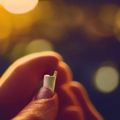 Prompt: Close-up of hand holding cigarette, real life, realistic photo, soft bokeh