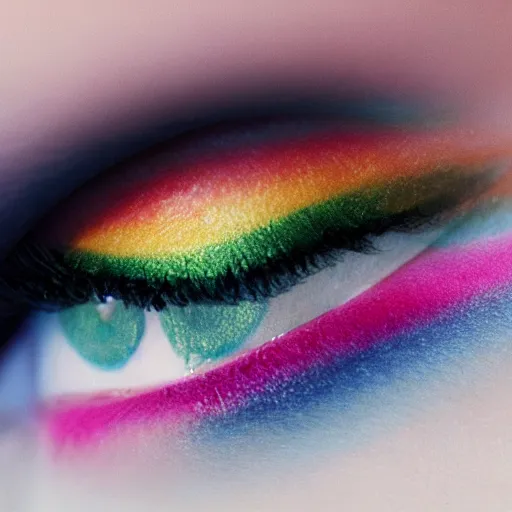 Image similar to (((((((( film still of a human eye in rainbow rue : realistic skin, realistic eye lashes : 8K UHD !!!!!!