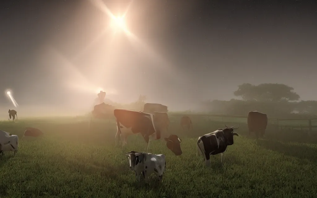 Prompt: alien ufo picking up cow with beam of light in farm, atmospheric, mist, epic, photorealistic, realistic, rule of thirds, extremely detailed, 4 k, 8 k, unreal engine 5 render, rim lighting, rtx, ray traced lighting, shot on 3 5 mm, film grain