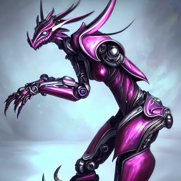 Prompt: highly detailed exquisite fanart, of a beautiful female warframe, but as an anthropomorphic elegant robot female dragon, shiny white smooth silver plated armor engraved, robot dragon head, Fuchsia skin beneath the armor, sharp claws, long sleek tail behind, robot dragon hands and feet, standing elegant pose, close-up shot, full body shot, epic cinematic shot, professional digital art, high end digital art, singular, realistic, DeviantArt, artstation, Furaffinity, 8k HD render, epic lighting, depth of field