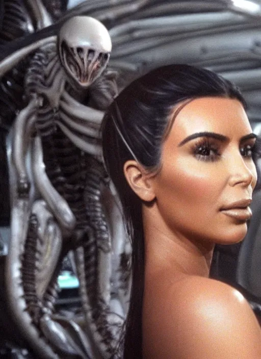 Image similar to movie still of kim kardashian looking up as she's being swallowed by an xenomorph, in the movie alien. goo, saliva, sweat, oily substances.