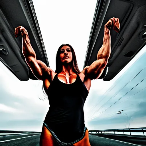 Prompt: car, bodybuilder, woman, holding, road, photo, digital art, hands, underbody