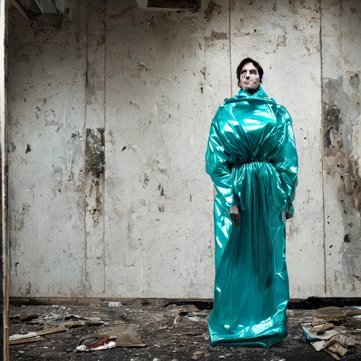 Prompt: closeup portrait of a woman wrapped in teal cellophane, standing in a derelict building interior, color photograph, by juergen teller, canon eos c 3 0 0, ƒ 1. 8, 3 5 mm, 8 k, medium - format print