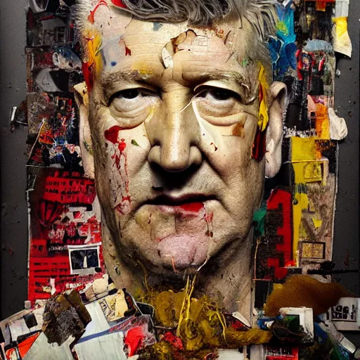 Image similar to hyperrealistic, photorealistic, mixed media oil painting of david lynch, magazine scraps, plaster, blood, oil, mustard, cigarettes, splatter, greg rutkowski, basquiat, ralph steadman, terry gilliam