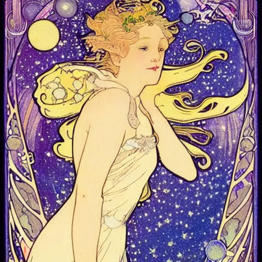 Image similar to princess fairy creating galaxies, art nouveau by Mucha, beautiful detailed illustration