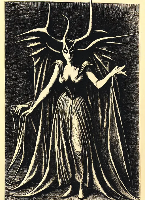 Prompt: maleficent as a demon from the dictionarre infernal, etching by louis le breton, 1 8 6 9, 1 2 0 0 dpi scan, ultrasharp detail, clean scan