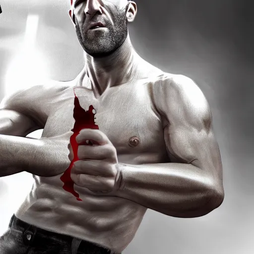 Image similar to jason statham fighting a computer, half body shot, path traced, fight scene, highly detailed, high quality, digital painting