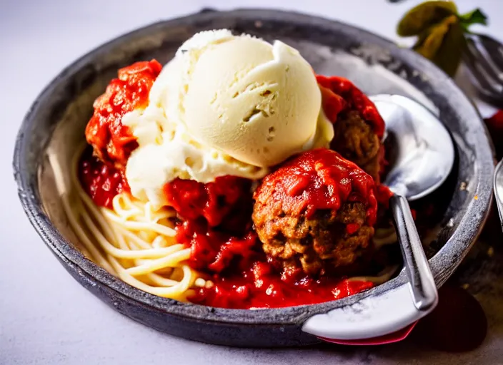 Image similar to dslr food photograph of spaghetti and meatballs topped with vanilla ice cream and a cherry on top, 8 5 mm f 1. 8