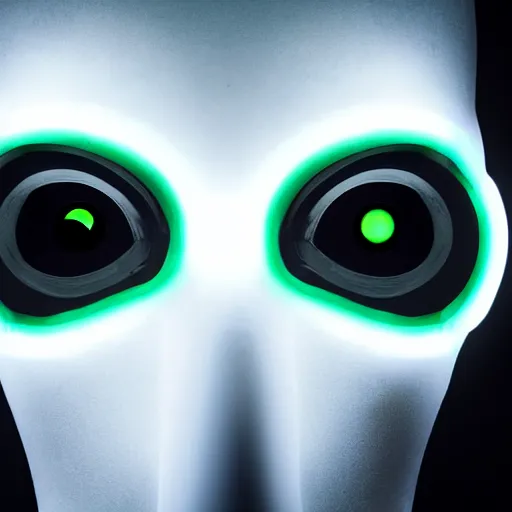 Prompt: foggy photograph of robotic face with neon glowing eyes seed = 7 0 4 8 0 8 2 6 0