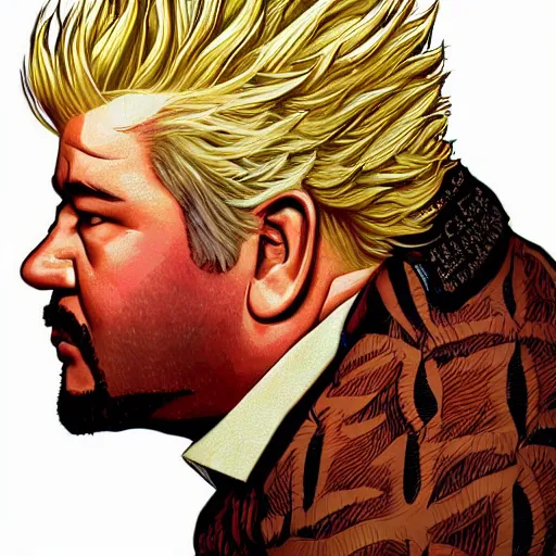 Prompt: head and shoulders portrait of Guy Fieri illustration, medium shot, intricate, elegant, highly detailed, digital art, ffffound, art by JC Leyendecker and sachin teng