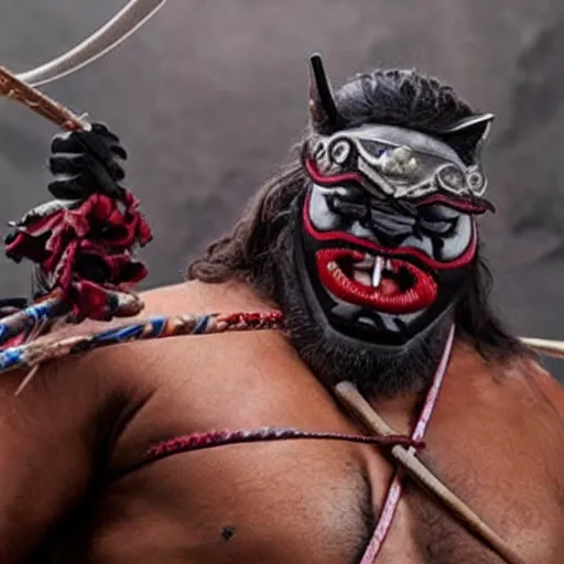 Image similar to big buff strong very buff samurai wearing an oni mask, movie still