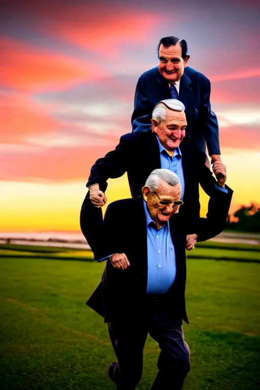 Image similar to elderly man carrying ted cruz piggyback, 8 k, award winning photograph, portrait, detailed faces, sunset in background, highly - detailed