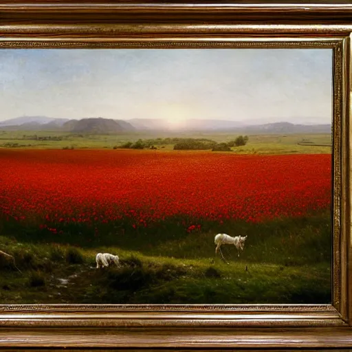 Image similar to ultra wide angle landscape portrait :: six muscular photorealistic white horses run wildly in the wind across a vast field of poppies at twilight :: styles by John Frederick Herring, Susan Crawford, Rosa Bonheur, Jacques-Louis David, and John Collier