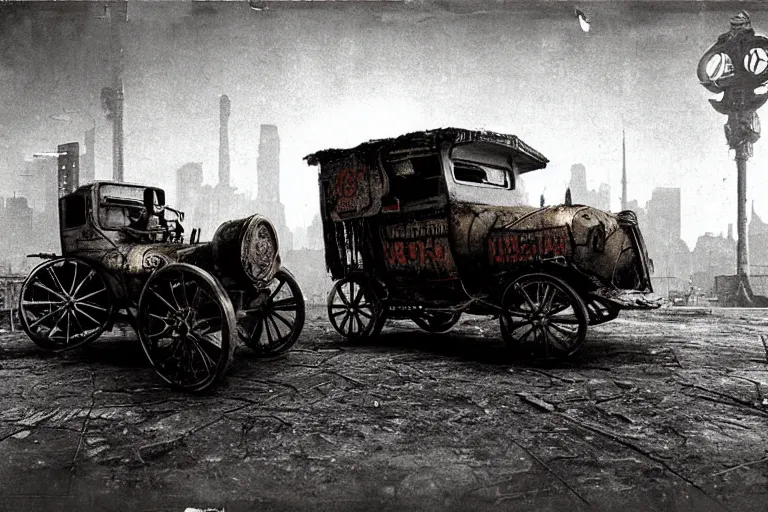 Image similar to cyberpunk 1 9 0 8 model ford t by paul lehr, beksinski, metropolis, parked by view over city, vintage film photo, robotic, silent movie, black and white photo, damaged photo