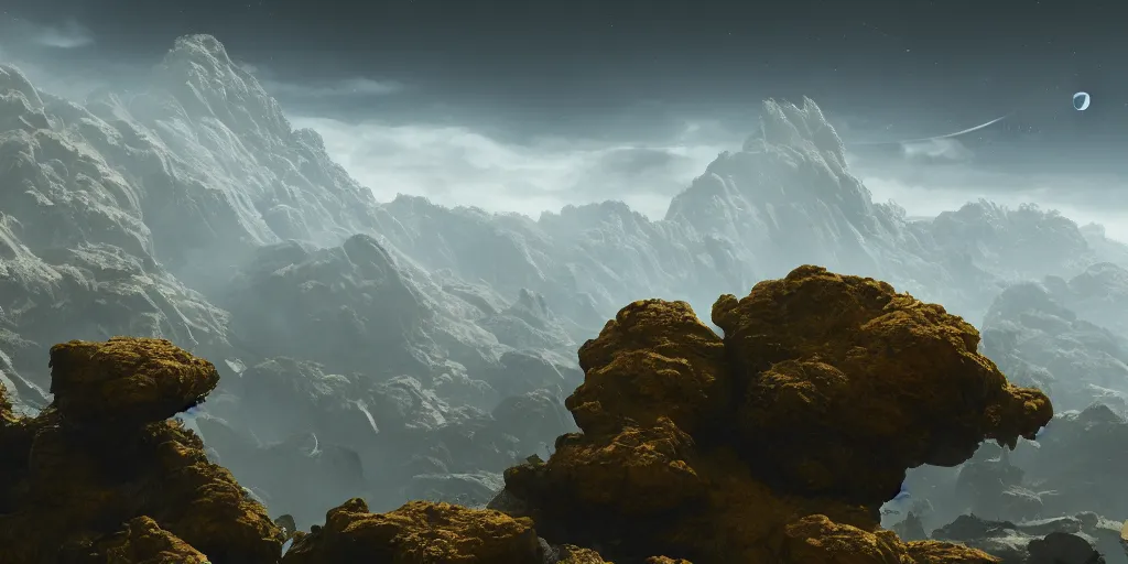 Prompt: A landscape on an alien planet, cinematic lighting, detailed oil painting, unreal 5 render, 8k