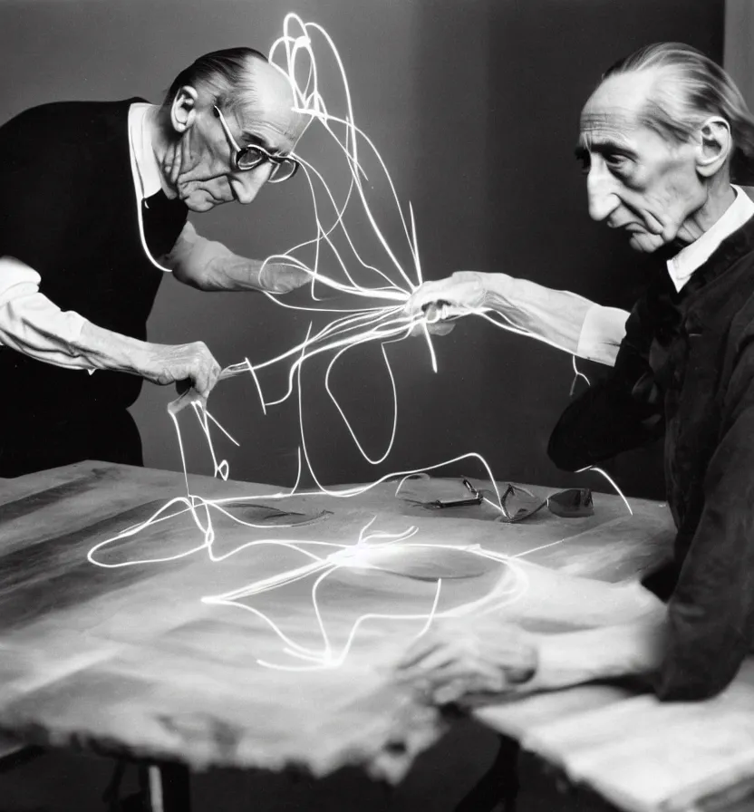 Prompt: a long exposure shot of Marcel Duchamp working on a readymade object, archival pigment print