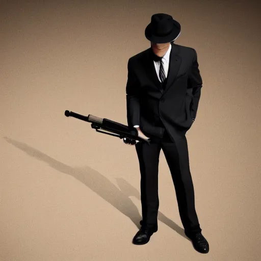 Image similar to serious looking man in a black suit and black fedora hat. he has a big silver gun, 4 k, atmospheric, epic scene, strong shadows, high contrast