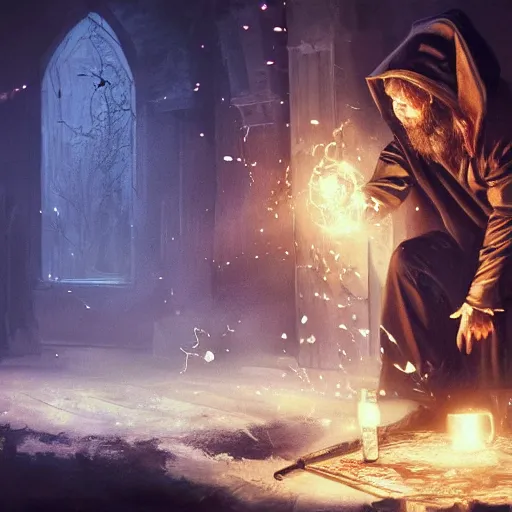 Prompt: a beautiful panting of a dark wizard casting spell, alchemist lab, hyperrealistic, cinematic atmosphere, epic, artstation