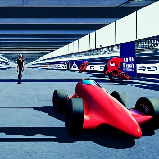 Prompt: photo of Natalie Portman inside video game F-Zero, standing next to a racing machine in the middle of a race track, fine art photography 8k