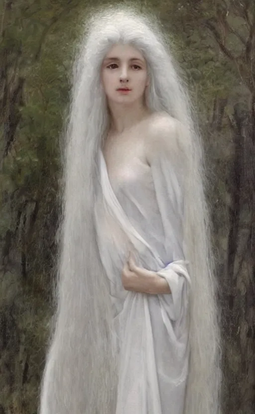 Image similar to say who is this with silver hair so pale and wan! and thin!? female angel, wearing white robes flowing hair, fair body, white dress!! silver hair, covered!!, clothed!! lucien levy - dhurmer, fernand keller, oil on canvas, 1 8 9 6, 4 k resolution, aesthetic, mystery