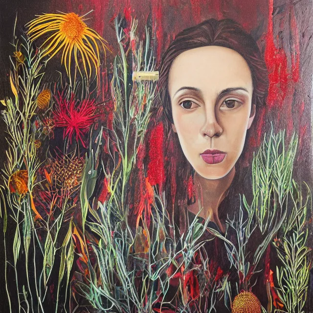 Image similar to “ a portrait in a female art student ’ s apartment, australian wildflowers, sensual, queer woman, flax, flannel flower, bottlebrush, eucalyptus, charred, new leaves, art supplies, a candle dripping white wax, aboriginal art, berry juice drips, acrylic and spray paint and oilstick on canvas, surrealism, neoexpressionism ”