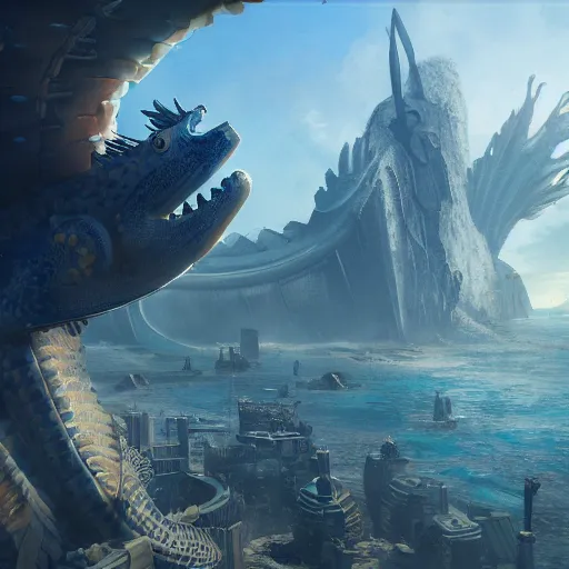 Image similar to a first person view looking at a giant seahorse circling above the city of atlantis, by Cedric Peyravernay, highly detailed, excellent composition, cinematic concept art, dramatic lighting, trending on ArtStation