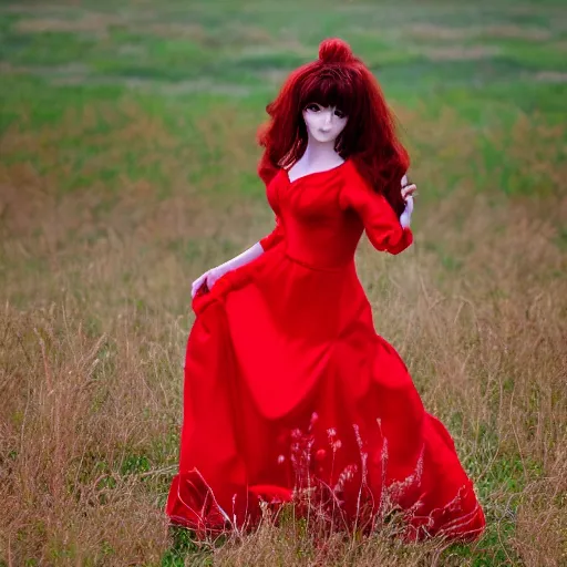Prompt: kate bush manga in a red dress in a field