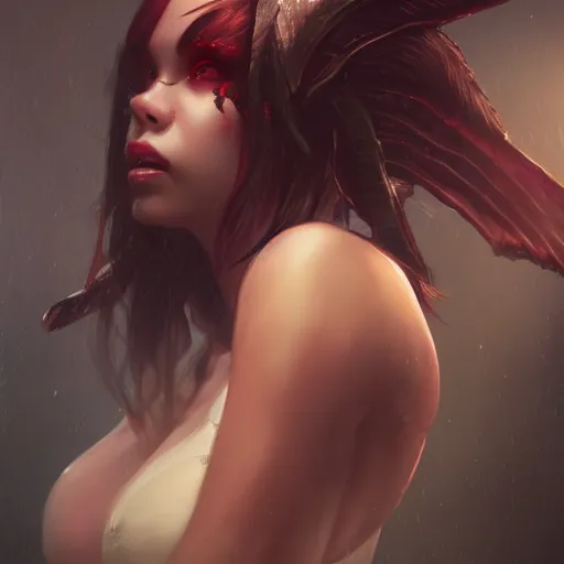 Prompt: A fancy portrait of an attractive succubus clothed by Greg Rutkowski, Sung Choi, Mitchell Mohrhauser, Maciej Kuciara, Johnson Ting, Maxim Verehin, Peter Konig, final fantasy, 8k photorealistic, cinematic lighting, HD, high details, dramatic, dark atmosphere, trending on artstation