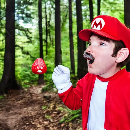 Image similar to real life photo of Super Mario sniffing a big red and white mushroom he just discovered in the woods, unable to hold back eating it with extreme glee, 4K photography