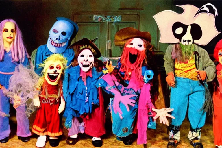 Image similar to a full color still from a weird live action 1 9 7 3 kids show about death, pirate puppets, fuzzy ghost, grunge, horror