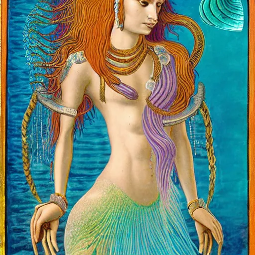 Image similar to sumerian goddess inanna ishtar, ashteroth, techno mystic goddess princess intergalactica, with aqua neon rapunzel dreadlocks, detailed, wearing seashell attire, crystal pathway to atlantis floating on the sea, by sandro botticelli