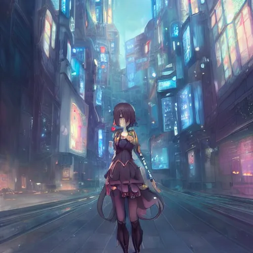 Image similar to A realistic anime painting of a beautiful female knight standing in a futuristic city. digital painting by Sakimichan, Makoto Shinkai, WLOP, Rossdraws, Pixivs and , digital painting. trending on Pixiv. SFW version —H 1080 —W 1920