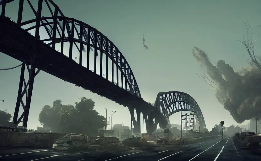 Image similar to explosions in the form of realistic cotton plants cover big harbour bridge, smooth, sharp focus, highly detailed, 3 d octane render, epic lighting, dark atmosphere, post apocalyptic, 8 k, by goro fujita