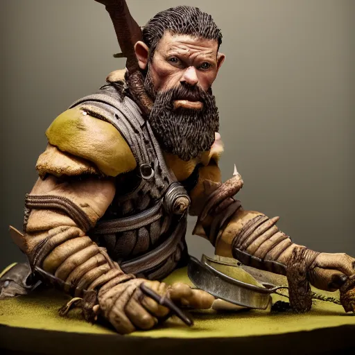 Image similar to high - res photograph of a claymation sculpture warrior dwarf, highly detailed sculpey diorama, by erwin olaf, smooth, sharp foccus, commercial photography, fashion shoot