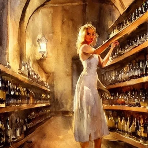 Image similar to beautiful blonde in hot dress in a wine cellar, food, pork, beer, schnapps, rustic, traditional, torches on the wall, watercolor by vladimir volegov and anders zorn, highly detailed, beautiful interior, masterpiece