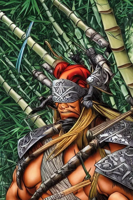 Image similar to close up of samurai warrior in a bamboo forest, by joe madureira and hicham habchi