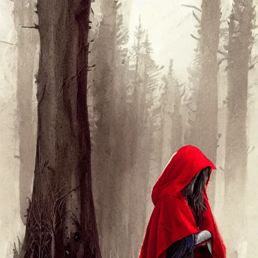 Image similar to cute Little red riding hood stands there crying, tear rolling down cheek, detailed intricate ink illustration, dark atmosphere, detailed illustration, hd, 4k, digital art, overdetailed art, concept art, by greg rutkowski, by loish, complementing colors, Trending on artstation, deviantart