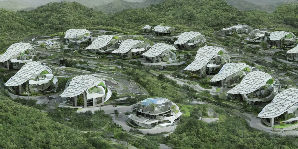 Prompt: futuristic eco-village with high diversified houses, solarpanels and integrated in nature, opposite of urban sprawl, forte gimenes marcondes ferryz arquitetos detailed, patent drawing style, ray tracing, photo realism